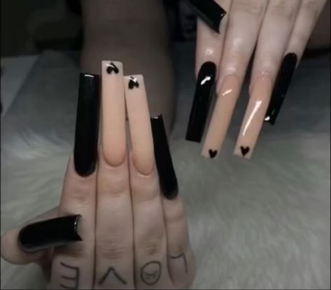 black and nude acryclic XL nails with black single hearts at the tip on nude nails. Plain Acrylic Nails, Long Black Nails, Xl Nails, Nails With Black, Holloween Nails, Long Square Nails, Tapered Square Nails, Acrylic Nail Set, Punk Nails