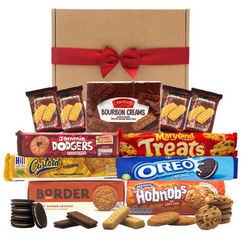 Calling all biscuit lovers; this gift-ready biscuit box includes some of Britain's favourite biscuits that are perfect for snacking, sharing or gifting.  Crowd pleaser, wonderfully dunkable biscuits which are fantastic for any occasion, including the occasion of treating yourself! This biscuit bundle is perfect for the biscuit dunkers, the biscuit break enthusiasts and the biscuit and a cup of tea lovers! Great for: - Family sharing - Thank You gift - Happy Birthday gift - Anniversary gift - Date night - Offices - With your cup of tea! Biscuits included: - Jammie Dodgers 140g - McVitie's Hobnobs Biscuits 255g - Maryland Choc Chip 200g - x4 Walkers Shortbread Fingers 40g - Bourbon Creams 300g - Hills Custard Creams 150g - Oreo Original Biscuits 154g - Border Biscuits Fiery Ginger Crunch 135 Oreo Original, Shortbread Fingers, Ginger Crunch, Jammie Dodgers, Custard Creams, Border Biscuits, Walkers Shortbread, Biscuits Packaging, Bourbon Cream