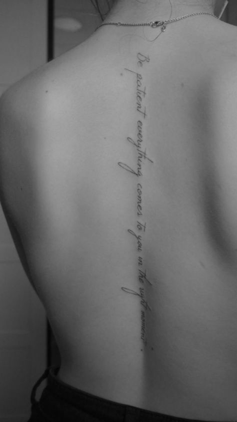 Quotes For Spine Tattoos For Women, Feminine Spine Tattoos Quotes, Elegant Spine Tattoos For Women Quote, Tattoo For Spine, Spine Tattoos For Women Scripts, Back Writing Tattoos, Spine Tattoo Quotes Inspiration, Word Spine Tattoos For Women, Spine Quote Tattoo