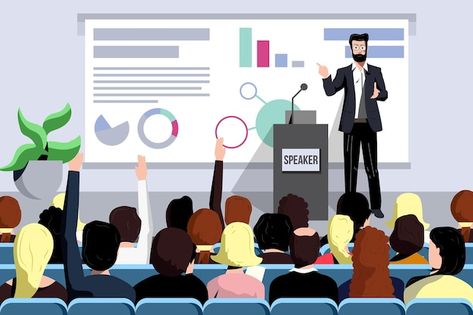 Business seminar speaker does presentati... | Premium Vector #Freepik #vector #lecture #business-seminar #conference #conference-speaker Business Seminar, Public Speaking, Premium Vector, Start Up, Speaker, Vector Illustration, Presentation, Clip Art, Train