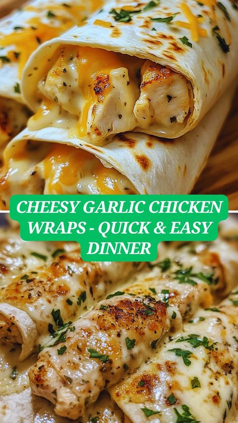 "On this pin, you’ll find everything you need to make Cheesy Garlic Chicken Wraps in no time! Swipe through for a mouthwatering shot of golden, crispy wraps bursting with melted cheese and juicy chicken. Each image highlights step-by-step visuals—from seasoning and cooking the chicken to assembling and toasting the wrap to perfection. The pin includes a full ingredient list, easy-to-follow directions, Baked Bbq Chicken Wings, Cheesy Garlic Chicken, Wraps Recipes Easy, Chicken Boneless Breast Recipes, Quick Chicken Dinner, Quick Lunch Recipes, Chicken Wrap Recipes, Chicken Lunch, Fast Dinner Recipes