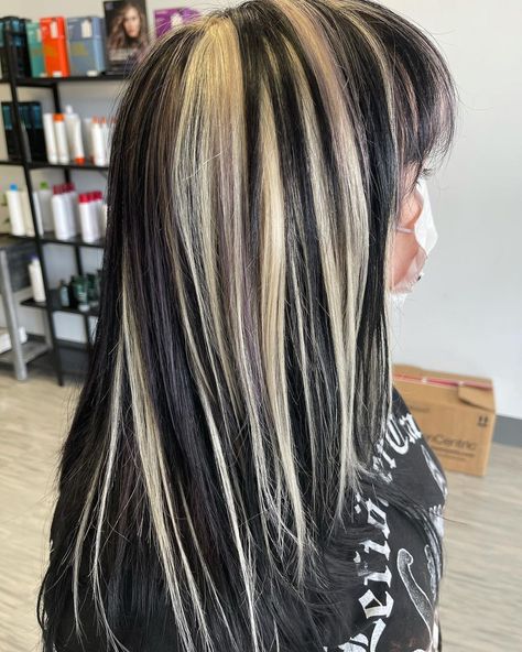 𝖈𝖆𝖙 // nj/pa alternative hair on Instagram: “when ur BFF wants biker bitch/2000s skunk hair your deliver!! extensions done by @lexigmarieee! So proud of you!! #pulpriothair #extensions…” Y2k Chunky Highlights, Skunk Hair Dye, 2000s Chunky Highlights, Black Hair With Blonde Highlights, Gyaru Hair, Skunk Hair, Color Streaks, Hair Blond, Hair Color Streaks