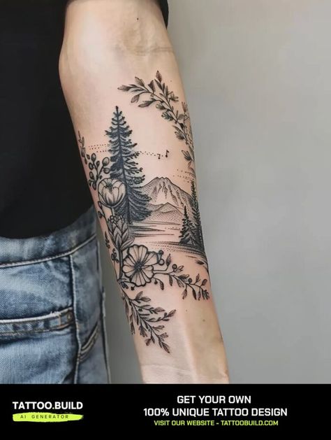 Stylish Womens Half Sleeve Inspiration Classy Tattoo Ideas Tattoo Sleeve Nature Women, Simple Nature Sleeve Tattoo, Woman’s Upper Half Sleeve, Outdoor Half Sleeve Tattoo, Garden Half Sleeve Tattoo, Feminine Mountain Sleeve Tattoo, Landscape Sleeve Tattoos For Women, Womens Bicep Tattoo Half Sleeves, Women’s Half Sleeve Tattoo Designs