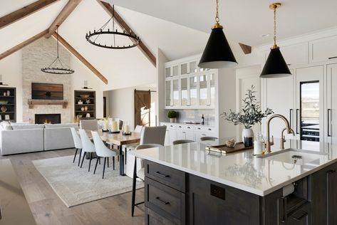 Modern Rustic Estate - Rustic - Living Room - Minneapolis - by Swanson Homes | Houzz Warm Modern Farmhouse Living Room, Open Concept Kitchen Dining Great Room, Interior Modern Farmhouse, Small Kitchen Cabinet Ideas, Small Kitchen Cabinet, Ceiling Styles, Modern Country Kitchen, Kitchen Great Room, Open Concept Dining Room