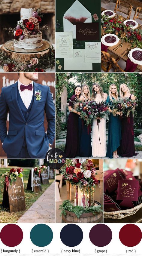 Jewel toned Wedding Colours { The perfect Autumn Wedding Colurs } emerald, purple, burgundy, red #wedding #color #fallwedding Red Purple Blue Green Wedding, Autumn Wedding Colors Palette Bridesmaid Dresses, Emerald And Blue Bridesmaid Dresses, Burgundy Pink Navy Wedding, October Wedding Navy Blue, Burgundy Wedding Colour Scheme, Fall Color Dresses For Wedding, Navy Emerald Pink Wedding, Navy Blue Emerald Green Burgundy Wedding