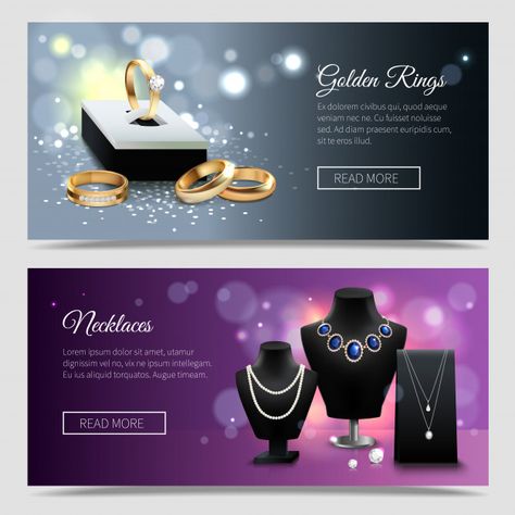 Horizontal jewelry realistic banners with golden rings and elegant necklaces on mannequins Free Vector Jewelry Banner, Event Poster Template, Glowing Background, Store Banner, Golden Rings, Jewelry Logo, Business Banner, Classy Design, Jewelry Post