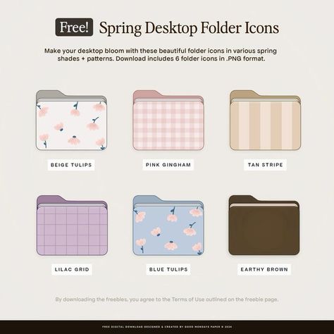 Freebies for you this spring 💗 Sign up for the newsletter on Cute Desktop Folder Icons, Macbook Apps Organization, Mac Folder Icons Free Png Transparent, Desktop Homescreen Layout, Free Folder Icons For Mac, Windows 11 Desktop Ideas, Apple Folder Icons, Desktop Inspo Aesthetic, Mac File Folder Icons