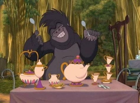 Mrs. Potts and Chip in Tarzan (1999)    During the Trashin’ The Camp song, Terks plays the spoons on a familiar tea set… It’s only Mrs. Potts and Chip from ‘Beauty And The Beast’. “These things aren’t alive,” boasts Terk at the beginning of the scene. If only she knew… Terk Tarzan, Hidden Disney Characters, Disney Movie Trivia, Disney Playlist, Disney Easter Eggs, Disney Amor, Disney Secrets, Disney Easter, Pixar Films