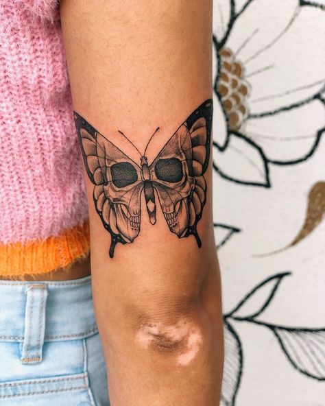 Butterfly Tattoo Filler, Skull Face Butterfly Tattoo, Butterfly Tattoo With Skull Inside, Scorpion Butterfly Tattoo, Skull Butterfly Tattoo Women, Butterfly On Elbow Tattoo, Butterfly Skull Tattoo For Women, Skull Line Tattoo, Skull Tattoo Minimalist