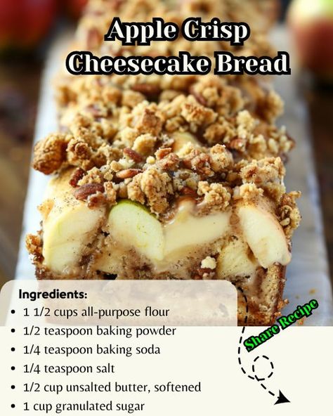 Recipes Trends | Apple Crisp Cheesecake Bread | Facebook Apple Crisp Cheesecake Bread Recipe, Apple Crisp Cheesecake Bread, Apple Crisp Bread, Cheesecake Bread, Apple Crisp Cheesecake, Crisp Bread, Bread Ingredients, Quick Breads, Food Trends