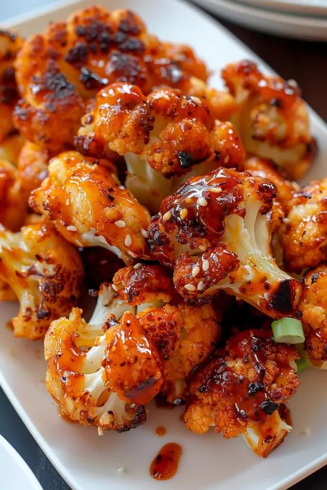 Maple Sriracha Roasted Cauliflower: Sweet and spicy roasted cauliflower ready in 35 mins. A delicious, easy side! Try it today! Ina Garten Cauliflower, Siracha Recipes, Maple Sriracha, Roasted Cauliflower Head, Spicy Roasted Cauliflower, Easy Roasted Cauliflower, Salsa Macha, Roasted Cauliflower Recipes, Head Of Cauliflower