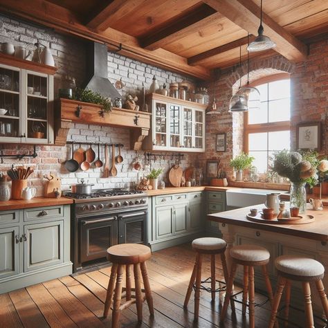 15 Charming Cottagecore Kitchen Ideas for Rustic Bliss — Lord Decor Brick House Kitchen Ideas, Brick Cottage Kitchen, Brick Farmhouse Kitchen, Wood And Brick Kitchen, Brick In Kitchen Accent Walls, Fairytale Cottage Kitchen, Hobbit Tavern, Rustic Brick Kitchen, Rustic House Kitchen