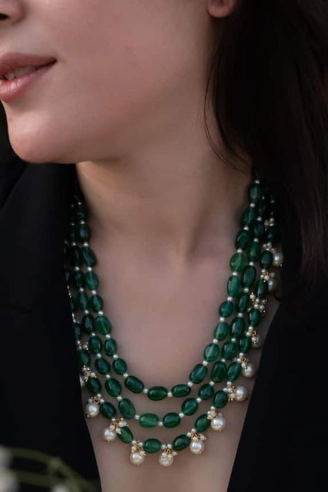 22kt gold plated layered necklace with green toned natural stones and pearl embellishments. - Aza Fashions Green Layered Necklace, Emerald And Pearl Necklace, Green Pearl Jewelry, Beads Ornaments, Beads Jewellery, Pearl Jewelry Sets, Diamond Jewelry Designs, Layer Necklace, Green Pearls