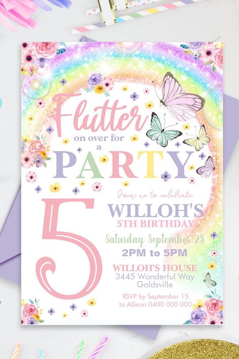 Butterfly Birthday Invitation Rainbow Butterfly Rainbow Birthday Invitations, Rainbow Butterfly, Butterfly Birthday, Rainbow Birthday, 5th Birthday, Birthday Invitations, Rainbow, Birthday