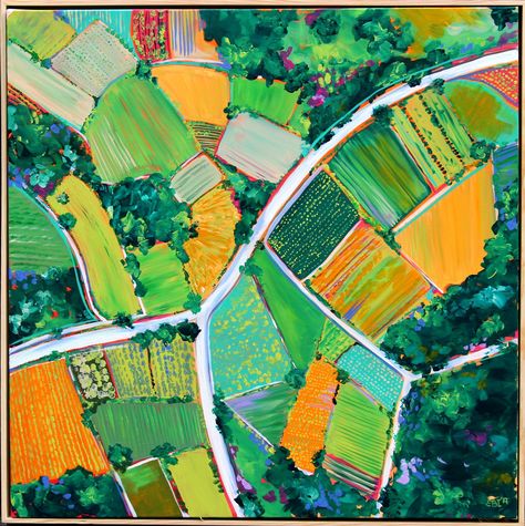 ""A fork in the road" - Abstract aerial landscape Framed" by Eve Izzett. Paintings for Sale. Bluethumb - Online Art Gallery Aerial Views Landscape Painting, Birds Eye View Art, Map Painting Art, Aerial Landscape Paintings, Birds Eye View Painting, Map Painting Ideas, Aerial Landscape Photography, Birds Eye View Illustration, Birds Eye View Landscape