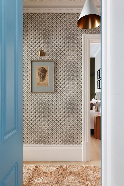 Hall Wallpaper, Hallway Wallpaper, Paint And Paper Library, Entry Hallway, Entry Hall, Timber Flooring, Fireplace Wall, Notting Hill, Residential Interior