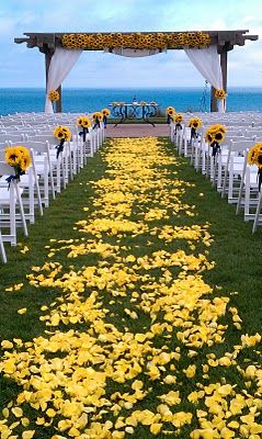 So colorful a Sunflower Wedding over the ocean.  Yellow, green, blue and white looks so nice. Sunflower Wedding Decorations, Yellow Wedding Theme, Sunflower Themed Wedding, Wedding Themes Summer, Rustic Wedding Decorations, Wedding Flower Decorations, Yellow Wedding, Sunflower Wedding, Wedding Aisle