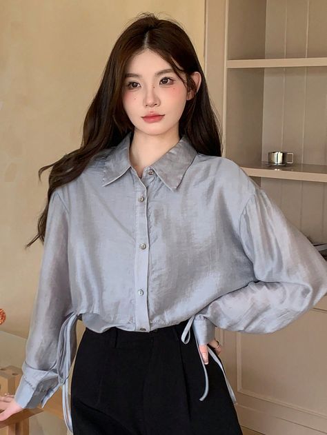 Women's Plain Front Button Casual Long Sleeve Shirt Blue Casual  Wrist-Length Sleeve Woven Fabric Plain Shirt Non-Stretch  Women Clothing, size features are:Bust: ,Length: ,Sleeve Length: Bow Shorts, Linen Blend Shirt, Casual Long Sleeve Shirts, Plain Shirt, Elegant Dresses Long, Plain Shirts, Kids Sleepwear, Pajamas Women, Wide Leg Jeans