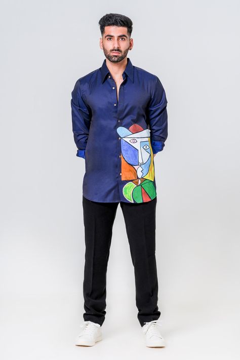 Shop for Amrit Dawani Blue Luxe Cotton Abstract Motif Hand Painted Shirt for Men Online at Aza Fashions Hand Painted Tshirts Ideas For Men, Hand Painted Shirts For Men, T Shirt Painting Ideas Men, Hand Painted Shirts, Hand Printed Shirt, Painted Shirt, Fabric Paint Shirt, Mens Dress Outfits, Mid Night