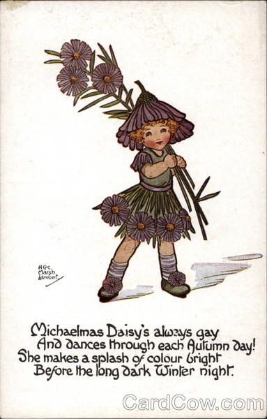 Michaelmas Daisy, The Long Dark, Flower Children, Fairy Paintings, Antique Postcards, Fairy Illustration, Cicely Mary Barker, Trade Cards, Baby Fairy