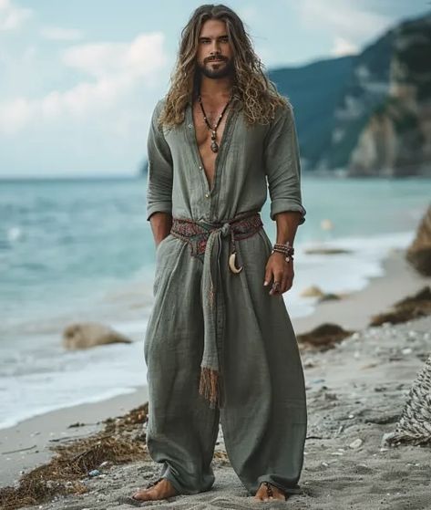 Bohemian Man Outfit, Mens Boho Fashion Bohemian Style For Men, Greek Inspired Fashion Men, Flowy Male Outfit, Men’s Fashion Boho, Desert Aesthetic Fashion Men, Desert Fashion Men, Boho Men Style Bohemian, Boho Outfits For Men