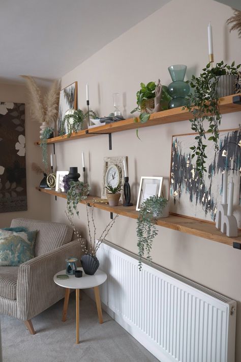 Oak Shelf Living Room, Long Floating Shelves In Living Room, Plant Shelf Over Couch, Scaffold Board Shelves Living Rooms, Wall Mounted Shelves Living Room, Shelves Over Sofa, Living Room Shelves Above Couch, Long Shelf Decor Living Room, Long Shelves On Wall