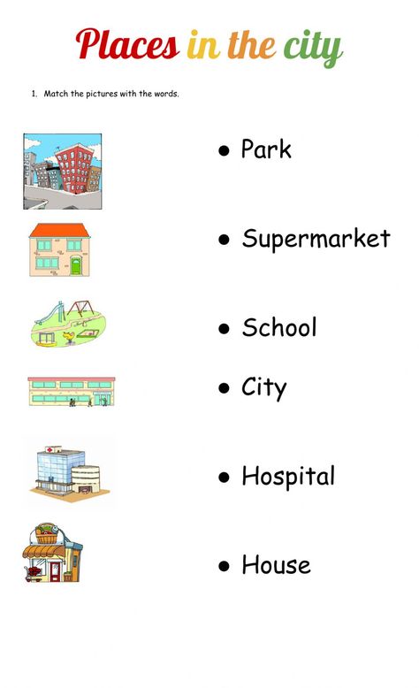 Places in the city interactive exercise for Kinder. You can do the exercises online or download the worksheet as pdf.