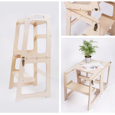 COLOR: Natural lacquered or White ✔ HAPPY TOWER kitchen step stool which can be easily transformed to table and chair is designed and created for learning, cooking, climbing. This multi-functional helpers tower offers a wide range of usage options for you and your toddler to have lots of fun Kitchen Tower, Helper Tower, Toddler Step Stool, Toddler Kitchen, Kitchen Step Stool, Montessori Furniture, Learning Tower, Meal Preparation, Stables Design