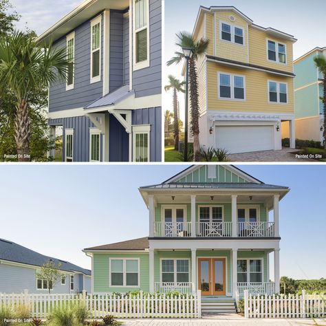 Beach House Color Ideas: Get inspired with siding options for your new home or re-side project with popular beach house color ideas. House Vinyl Siding Colors, Siding Color Ideas, Beach Houses Exterior, Florida Homes Exterior, Beach House Exterior Colors, Vinyl Siding House, Vinyl Siding Colors, Beach House Colors, Siding Options