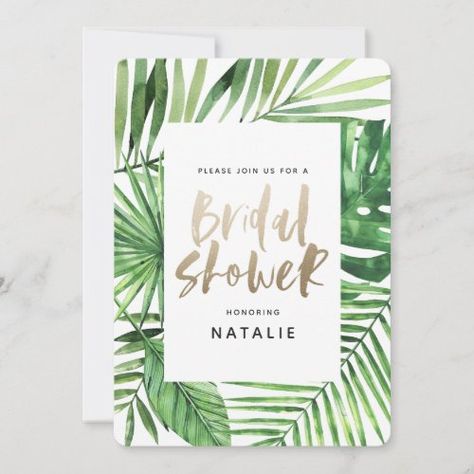 Tropical Palm And Gold Script Bridal Shower Invite #zazzle #weddinginvitations #birthdayinvitations #babyshowerinvitations #zazzleinvitations #monogram #businesscards #graduation #homedecor Save The Date Summer, Tropical Bridal Shower Invitations, Tropical Bridal Showers, Tropical Bridal, Tropical Watercolor, Virtual Baby Shower, Destination Wedding Invitations, Bridal Shower Party, Tropical Palm