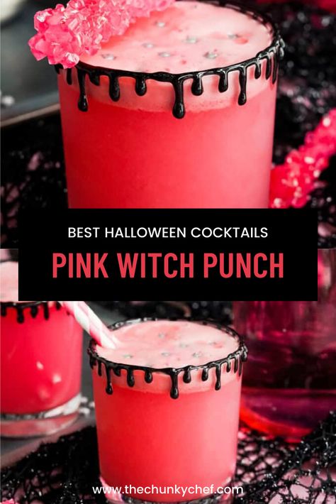 Alcoholic Halloween Drinks Easy, Summerween Mocktails, Easy Yummy Drinks Alcohol, Witch Alcoholic Drinks, Halloween Soda Drinks, Pink Punch Alcoholic Recipe, Halloween Themed Punch Alcohol, Halloween Drinks With Wine, Wine Halloween Drinks