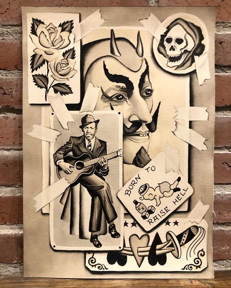 Rafa Decraneo (𝔓𝔢𝔯𝔯𝔬 𝔏𝔬𝔠𝔬) on Instagram: “SOLD- thanks @ertdirosa Fake Collage Robert Johnson based on a tattoo I did. Original for sale 200€ Prints soon! #decraneo…” Robert Johnson Tattoo, Kindred Spirit, Robert Johnson, Tattoo People, Kindred Spirits, A Tattoo, The Devil, I Tattoo, Watercolor Paper