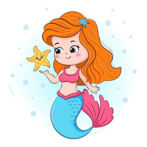 Starfish Illustration, Underwater Cartoon, Mermaid Cartoon, Mermaid Party Decorations, Mermaid Theme Party, Dining Room Art, Mermaid Theme Birthday, Underwater Creatures, Cute Mermaid