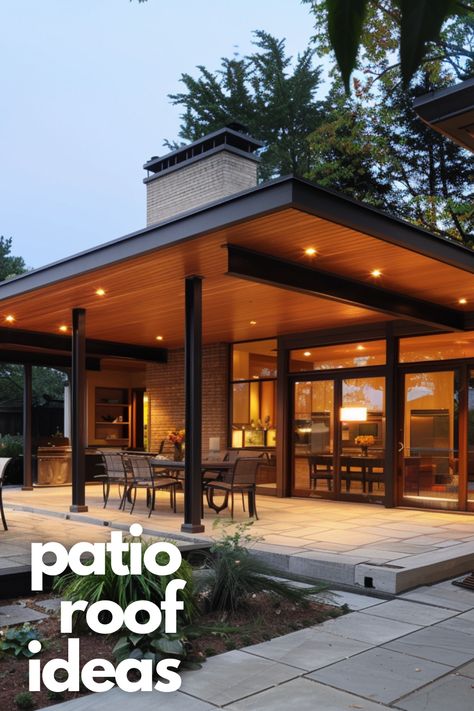 Update your outdoor space with modern patio roof extensions. Sleek and functional, these designs offer a contemporary twist on traditional outdoor living, providing shelter and style. Outside Roof Design, Patio With Metal Roof, Flat Roof Patio Cover, Contemporary Screened Porch, Outdoor Living Covered Patio, Partially Covered Patio Ideas, Roof Designs Outside, Outdoor Deck Roof Ideas, Roofed Patio Ideas