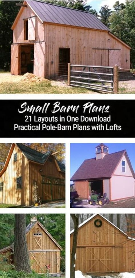 Instantly download construction plans for four different small pole-barns. All have storage lofts. All are architect-designed and engineered. With the add-ons that are included, this set allows you to build any of twenty-one different layouts and to use your choice of exterior finishes. Print at 8 1/2 x 11 for bids or 11x17 for permits and construction. Print as many sets as you need. Small Pole Barn Homes, Small Pole Barn, Barn With Loft, Small Barn Plans, Small Barn Home, Pole Barn Plans, Barn Layout, Exterior Finishes, Mini Barn