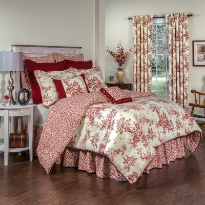 This reversible 4-piece bedding set showcases floral designs and classic toile patterns for a French country look in your bedroom. It includes a comforter, two shams, and a bed skirt, all made from 100% cotton with a red and cream color palette for a traditional feel. The comforter is filled with polyester for cushioned support while you snooze, while its lightweight, breathable design helps you sleep cool. We also love that the bed skirt hides your box spring while adding a layer of texture to Red Comforter Sets, Red Comforter, Red Duvet, King Size Comforter Sets, Red Toile, King Size Comforters, Reversible Comforter, King Comforter Sets, Reversible Duvet Covers