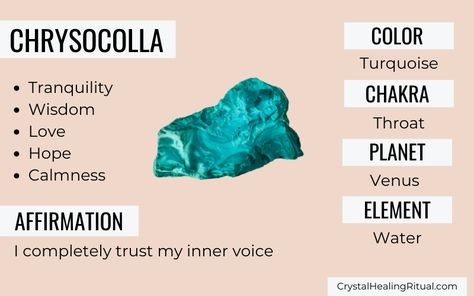 Chrysocolla Crystal Meaning, Chrysocolla Meaning, Chrysocolla Crystal, Crystal Work, Crystals Healing Properties, Crystals Healing, Meditation Crystals, Menstrual Cramps, Crystal Healing Stones