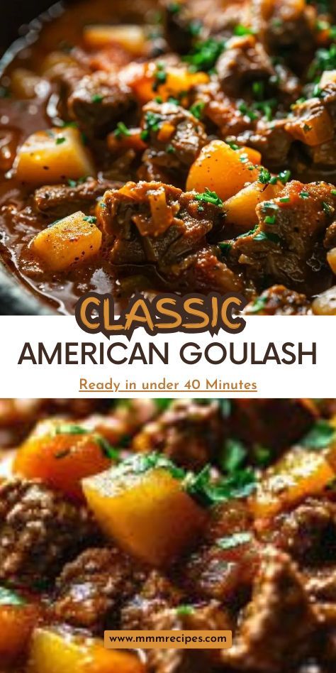 Craving a simple, comforting meal? This Classic American Goulash is a one-pot wonder, packed with tender ground beef, macaroni, and a rich tomato sauce. Perfect for busy weeknights or when you need a cozy family dinner. Click to get the full recipe and discover why this dish has been a beloved American favorite for generations! Save this pin to enjoy a taste of home. #AmericanGoulash #ComfortFood #OnePotMeals #FamilyDinners Goulash With Potatoes, Cool Weather Dinner Ideas, Amish Dinner Recipes, American Goulash Recipes, Beef Goulash Recipes, Hot Dish Recipes, Classic Goulash Recipe, Ground Beef Macaroni, American Cuisine Recipes