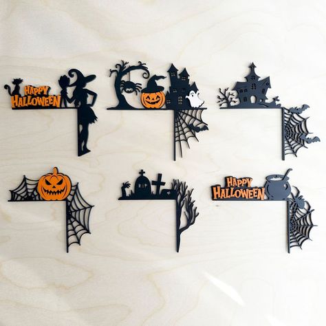 Create stunning wooden baubles and treat baskets using acrylic letters and engraving ideas that add flair to your holiday decor. Halloween Door Corner, Laser Svg Files, Halloween Laser Cut Ideas, Halloween Laser Projects, Halloween Woodworking, Laser Signs, Laser Crafts, Laser Cut Decor, Laser Cut Earrings Acrylics