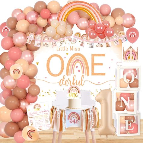 PRICES MAY VARY. Bohemian Rainbow 1st Birthday Party Decorations - Package includes: little miss ONEderful backdrop, one balloon box, boho rainbow high chair banner, one cake topper, bohemian rainbow baby monthly milestone photo banner, boho rainbow first birthday crown, number 1 foil balloon, 1st birthday milestone poster, 118pcs boho rainbow balloon garland set. Wonderful Design - Featuring an boho rainbow pattern that is suitable for boho rainbow party decorations to create a romantic feeling Neutral Rainbow Cake, Boho Rainbow 1st Birthday, Bohemian Crown, Rainbow 1st Birthday, Baby First Birthday Themes, Rainbow Cake Topper, First Birthday Crown, Rainbow First Birthday, Rainbow Party Decorations