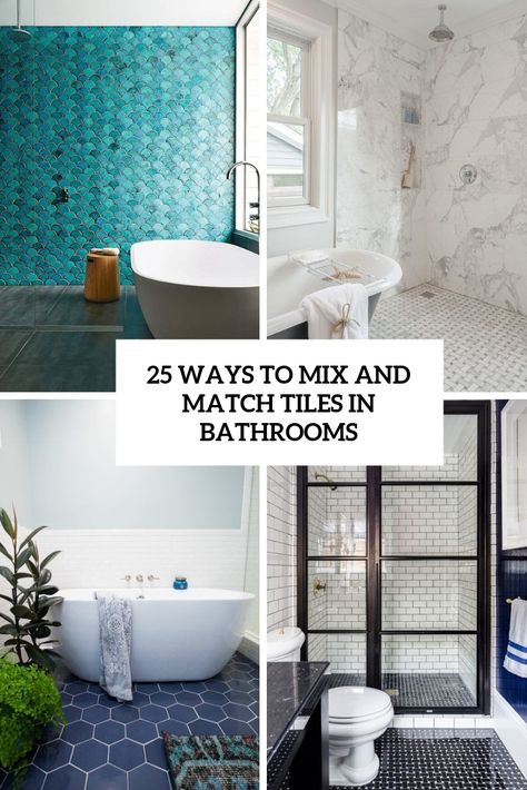 25 Ways To Mix And Match Tiles In Bathrooms Mix Tiles, Bathroom Tiles Combination, Unique Bathroom Tiles, Bathroom Tiles Design Ideas, Master Bath Tile, Colorful Bathroom Tile, Bedroom Revamp, Trendy Bathroom Tiles, Small Bathroom Tiles