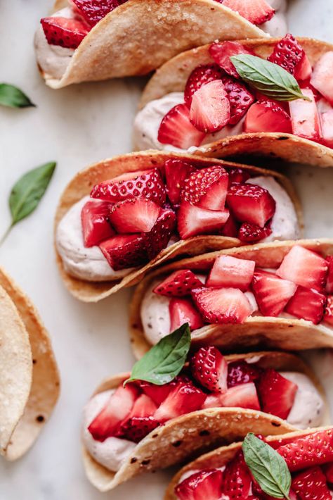 These delicious strawberry dessert tacos feature a yummy coconut cream filling and fresh marinated strawberries in a crispy and lightly sweet taco shell. The perfect dessert for an easy but delicious summer treat. Dessert Tacos, Sweet Taco, Dessert Taco, Tacos Dorados, Strawberry Treats, Cooking With Coconut Oil, Strawberry Dessert, Sprouts Farmers Market, Taco Stuffed Shells