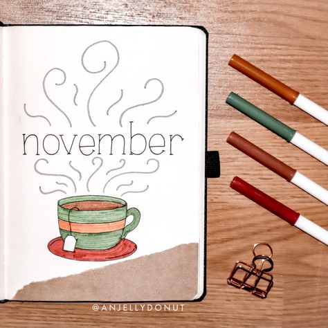 November cozy tea bullet journal theme cover page. Supplies used: Crayola Super Tips, paper bag/kraft paper, Micron fineliners. Created + Photographed by @anjellydonut. November Bujo Cover, Winter Bujo, Bullet Journal Novembre, November Bujo, Monthly Bullet Journal Layout, Bujo Cover, Journal Cover Page, Bujo Spreads, Bullet Journal Month