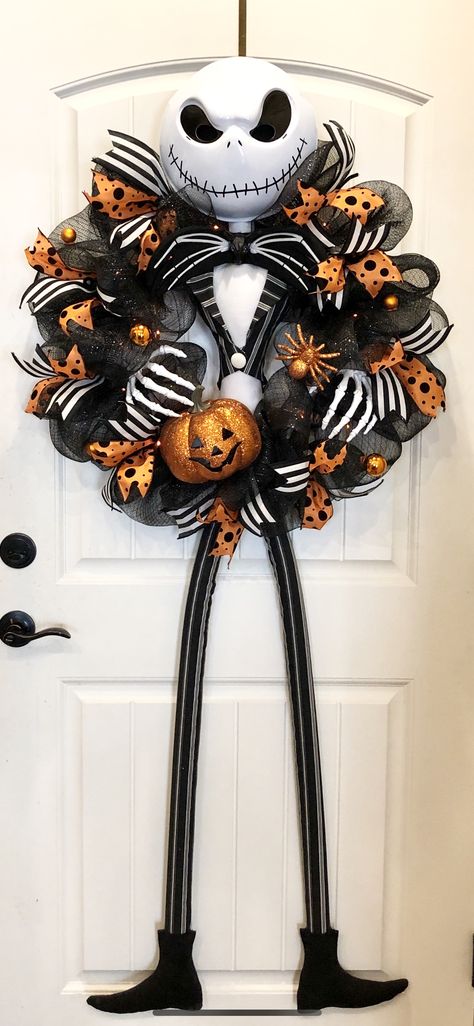 Jack Skellington Door Wreath, Halloween Wreaths For Front Door Nightmare Before Christmas, Jack Skeleton Wreath Diy, Jack Skellington Wreaths, Jack Skeleton Wreath, Jack Skellington Wreath Halloween, Jack Skellington Christmas Wreath, Oogie Boogie Wreath, Horror Movie Wreath