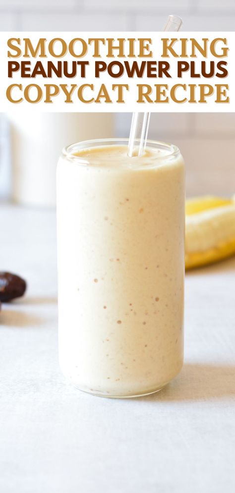 a peanut butter smoothie Smoothie King Peanut Power Plus Recipe, Peanut Butter Powder Smoothie, Smoothie King Recipes, Protein Smoothie Recipes Healthy, Blender Recipes Smoothies, Peanutbutter Smoothie Recipes, Healthy Protein Smoothies, Peanut Butter Milkshake, Peanut Butter Protein Shake