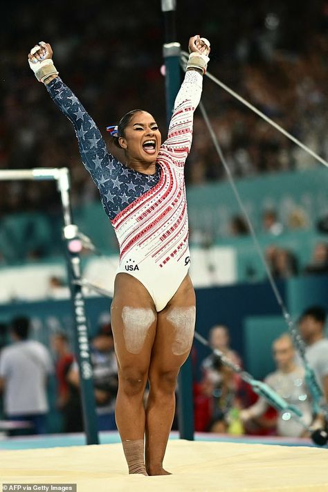 Jordan Chiles reacts after competing in the uneven bars event Jordan Chiles Gymnastics, Gymnastics Pics, Team Usa Gymnastics, Jordan Chiles, Athlete Motivation, Gymnastics Quotes, Uneven Bars, 2024 Olympics, Gymnastics Photos