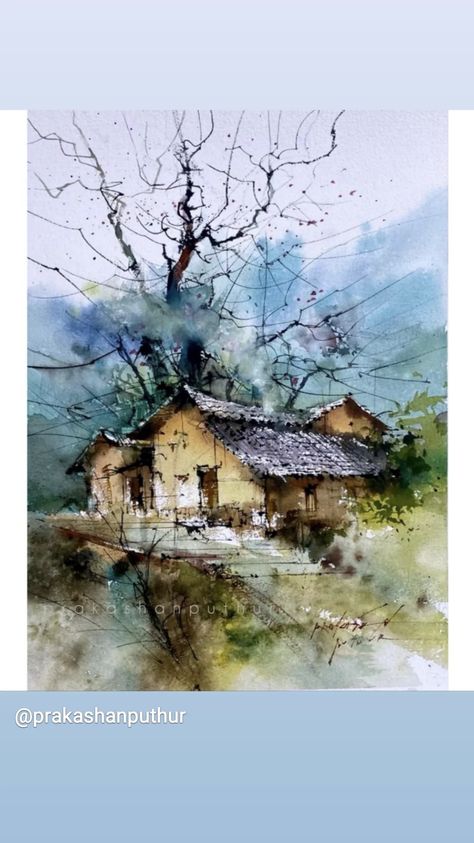 Watercolor House Painting, Watercolor Scenery, Watercolor Art Landscape, Watercolor Paintings Nature, Canvas Art Projects, Watercolor Architecture, Kunst Inspiration, Watercolor Pictures, Easy Canvas Painting