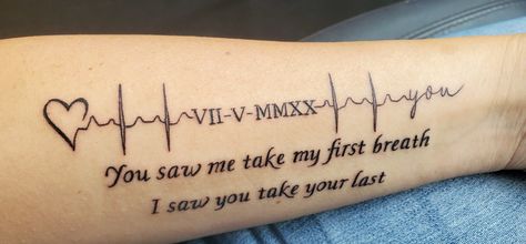 My dad's actual heartbeat incorporated into this beautiful piece ❤ In Loving Memory Tattoos For Uncle, Tattoos With Heartbeat, Tattoos To Honor Mom For Men, Last Heartbeat Tattoo Dads, Goodbye Tattoo Ideas, Heartbeat Tattoo Memorial Mom, Heartbeat Tattoo Memorial Dads, Heart Beat Memorial Tattoos, Memorial Heartbeat Tattoos