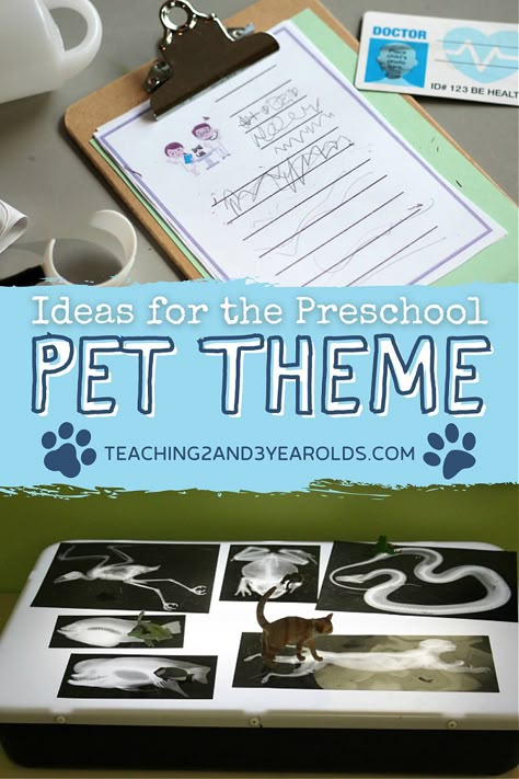 There are so many fun activities that can go with the pet theme! We had small kennels and stuffed animal pets, along with medical kits and notepaper on clipboards. But the highlight was when we had real dogs visit our veterinarian center! #toddlers #preschool #pet #theme #classroom #printables #animals #teaching2and3yearolds Pet Vet Theme Preschool, Pet Science Preschool, Preschool Veterinarian Theme, Preschool Pet Theme Activities, Preschool Pet Theme, Preschool Pets Unit, Playdough Learning Activities, Preschool Pet Activities, Preschool Pets