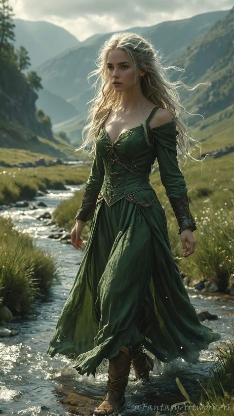 Celtic Prom Dress, Irish Queen Aesthetic, Forest Dresses Aesthetic, Celtic Inspired Outfits, Irish Woman Aesthetic, Druid Dress, Celtic Outfit, Celtic Aesthetic, Irish Outfit